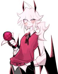1boy ahoge blush cardigan demon_boy demon_horns demon_wings fingerless_gloves friday_night_funkin&#039; gloves grin hand_in_pocket horns long_hair looking_at_viewer microphone pants ponytail selever_(friday_night_funkin) smile usa37107692 white_eyes white_hair wings