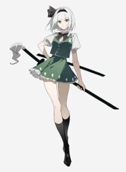1girl absurdres black_bow black_bowtie black_hairband black_shoes black_socks bow bowtie breasts chinese_commentary closed_mouth collared_shirt commentary_request frilled_skirt frills full_body green_eyes green_skirt green_vest grey_background grey_hair hairband highres hitodama_print katana kneehighs konpaku_youmu looking_at_viewer mixed-language_commentary multiple_swords puffy_short_sleeves puffy_sleeves shirt shoes short_sleeves simple_background skirt skirt_set socks solo sword touhou vest weapon weapon_on_back white_shirt wuliwuli909