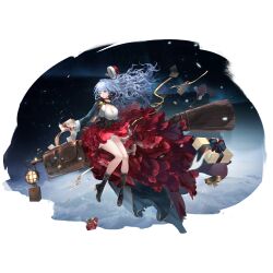 Rule 34 | 1girl, 2girls, artist request, black boots, black jacket, blue eyes, blue hair, boots, breasts, broom, broom riding, check artist, christmas present, cleavage, cropped jacket, dress, floodlights, flying, game cg, gift, girls&#039; frontline, girls&#039; frontline neural cloud, highres, hubble (neural cloud), hubble (star-questing sorcerer) (neural cloud), jacket, long hair, multiple girls, night, official alternate costume, official art, porafree, red dress, sky, solo focus, star (sky), starry sky, third-party source, transparent background