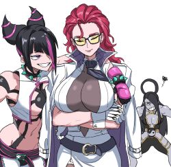 3girls arm_around_shoulder belt black_hair bracelet breasts coat coat_on_shoulders collar colored_skin crimson_viper female_seth_(street_fighter) grey_skin hair_horns hair_rings han_juri highres huge_breasts jewelry metal_skin multicolored_hair multiple_girls nasu_(ilo_a5) necktie necktie_aside neon_trim orb red_hair seth_(street_fighter) single_hair_ring skirt smile spiked_bracelet spiked_collar spikes streaked_hair street_fighter street_fighter_6 street_fighter_v white_coat yin_yang yin_yang_orb