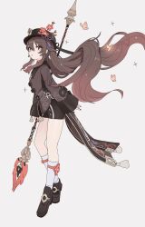 1girl absurdres black_hat black_nails black_shoes brown_hair bug butterfly chinese_clothes fingernails full_body genshin_impact hat highres holding holding_polearm holding_weapon hu_tao_(genshin_impact) insect long_hair looking_at_viewer origami_gyokuo pink_butterfly polearm shoes sidelocks simple_background solo weapon white_background