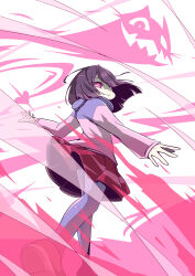 absurdres akumu_(glitchtale) bete_noire brown_hair clothes glitchtale highres pink_background pink_eyes pink_hair pink_heart pink_sweater purple_sweater purple_thighhighs red_skirt shirt shoes short_hair skirt sweater thighhighs undertale white_background