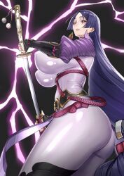 1girl armor ass bad_tag bodysuit breasts fate/grand_order fate_(series) fingerless_gloves gloves hans-kun highres holding holding_weapon huge_breasts japanese_armor lightning long_hair mature_female minamoto_no_raikou_(fate) pelvic_curtain purple_bodysuit purple_eyes purple_hair sheath solo sword thighs unsheathing weapon