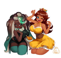 2girls alternate_costume aqua_hair aqua_thighhighs black_hair black_shirt black_shorts blue_eyes breasts brown_hair cephalopod_eyes claw_pose cleavage collarbone company_connection crossover crown dark-skinned_female dark_skin dress fang food holding holding_plate large_breasts licking_finger little_blood looking_at_viewer marina_(splatoon) mario_(series) multicolored_hair multiple_girls nintendo octoling octopus_girl one_eye_closed open_mouth plate pointy_ears princess princess_daisy shirt shorts simple_background sleeveless sleeveless_dress sleeveless_shirt smile splatoon_(series) splatoon_2 standing suction_cups symbol-shaped_pupils teeth tentacle_hair thanksgiving thighhighs turkey_(food) two-tone_hair white_background wide_hips wink yellow_dress