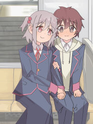 2boys 2mai84 absurdres arm_hug black_jacket black_pants black_skirt blush brown_eyes brown_hair crossdressing crossdressing_(mtf) dot_nose drawstring embarrassed grey_hair hair_between_eyes hair_bobbles hair_ornament highres hood hoodie jacket long_sleeves male_focus multiple_boys neck_ribbon one_side_up onii-chan_wa_oshimai! pants red_ribbon ribbon sakurada_yuuta school_uniform senkawa_minato sitting skirt smile trap wavy_mouth yaoi