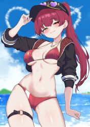 1girl absurdres anchor_hat_ornament anchor_symbol bikini black_hat black_jacket blue_sky blurry blurry_background blush breasts bright_pupils closed_mouth cloud cloudy_sky commentary_request contrapposto cropped_jacket day earrings eyewear_on_headwear hat hat_ornament heart heart-shaped_eyewear heart_earrings heart_necklace heterochromia highres hololive houshou_marine houshou_marine_(summer) jacket jewelry large_breasts long_hair looking_at_viewer navel necklace o-ring o-ring_thigh_strap official_alternate_costume official_alternate_hairstyle oldsickkim open_clothes open_jacket peaked_cap ponytail red_bikini red_eyes red_hair skindentation sky smile solo sunglasses swimsuit thigh_strap thighs three-quarter_sleeves virtual_youtuber wet white_pupils yellow_eyes
