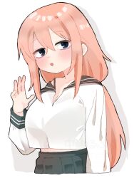 Rule 34 | 1girl, black eyes, black sailor collar, black skirt, bra strap, breasts, cleavage, commentary request, cropped torso, large breasts, light blush, long hair, long sleeves, looking at viewer, low ponytail, michinoku komaro, midriff peek, nakajima lupus, no dickey, parted lips, pink hair, pleated skirt, ponytail, sailor collar, school uniform, seitokai ni mo ana wa aru!, serafuku, shirt, skirt, solo, waving, white background, white shirt