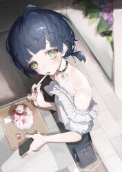 1girl absurdres ahoge aru_(sinsekai) bag black_bag black_choker black_skirt blue_hair blush breasts choker collarbone commentary_request dark_blue_hair food frilled_shirt frills from_above green_eyes handbag highres holding holding_phone holding_spoon ice_cream_scoop_(utensil) indoors kamitsubaki_studio looking_at_viewer low_ponytail medium_hair miniskirt momori0118 off-shoulder_shirt off_shoulder on_bench pencil_skirt phone ponytail puffy_short_sleeves puffy_sleeves shadow shaved_ice shirt short_ponytail short_sleeves sinsekai_studio sitting skirt small_breasts solo spoon sweatdrop syrup utensil_in_mouth virtual_youtuber