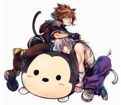 2boys animal_ears arm_on_another&#039;s_head black_gloves black_jacket blue_eyes blue_pants blush_stickers brown_hair cat_boy cat_ears closed_mouth disney fingerless_gloves gloves green_eyes grey_background grey_hair hair_between_eyes hood hood_down hooded_jacket jacket kemonomimi_mode kingdom_hearts kingdom_hearts_ii male_focus mickey_mouse mim_(mimya0600) multiple_boys pants parted_lips riku_(kingdom_hearts) shoes short_hair short_sleeves simple_background single_bare_shoulder sitting sleeveless smile sora_(kingdom_hearts) stuffed_toy tail unzipped white_gloves zipper