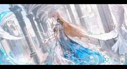 1girl absurdres bare_shoulders bird black_collar black_dress blonde_hair blue_eyes cartethyia_(wuthering_waves) collar commentary_request crown_of_thorns dress dutch_angle earrings from_side highres jewelry letterboxed long_hair looking_at_viewer pointy_ears sidelocks sideways_glance solo tyhaya white_bird wuthering_waves