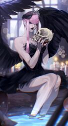 1girl alternate_costume bare_shoulders black_dress black_wings blue_eyes blurry blurry_background candle depth_of_field dress feathered_wings highres holding holding_skull long_sidelocks looking_at_object manon_legrand namamo_(squidrilling) pink_hair sidelocks sitting skull soaking_feet solo strapless strapless_dress street_fighter street_fighter_6 tiara water wings