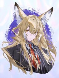 1girl absurdres animal_ear_fluff animal_ears arknights black_jacket blonde_hair collared_shirt cropped_torso eyes_visible_through_hair facial_scar floating_hair hair_between_eyes highres jacket long_hair multicolored_hair necktie parted_lips red_necktie ryat scar scar_on_cheek scar_on_face shirt solo streaked_hair tassel vulpisfoglia_(arknights) white_hair white_shirt yellow_eyes