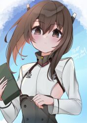 Rule 34 | 1girl, 9610 (kuroto), blue sky, blush, brown eyes, brown hair, cloud, cloudy sky, corset, day, flat chest, hair between eyes, headband, headgear, highres, kantai collection, long sleeves, looking at viewer, magazine (weapon), outdoors, short hair, sky, smile, solo, taihou (kancolle)