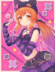 1girl :3 absurdres akagi_meito alternate_costume animal_ear_headwear animal_earrings animal_ears animal_hat arm_warmers bead_bracelet beads belt black_arm_warmers black_shirt black_skirt blush bow bracelet breasts chain chain_print closed_mouth commentary_request crop_top curly_sidelocks emo_fashion fake_animal_ears fingerless_gloves food-themed_hair_ornament gloves hair_ornament hat hat_bow heart_belt_buckle highres horse_ears horse_girl jewelry layered_skirt long_hair looking_at_viewer low_twintails mayano_top_gun_(rockin&#039;_mewmeow)_(umamusume) mayano_top_gun_(umamusume) midriff multicolored_hair navel official_alternate_hairstyle orange_eyes orange_hair paw_pose paw_print pink_hair pumpkin_hair_ornament punk purple_arm_warmers purple_skirt shirt skirt sleeveless small_breasts smile solo striped_arm_warmers striped_background striped_clothes striped_skirt twintails two-tone_hair umamusume vertical-striped_clothes vertical-striped_skirt