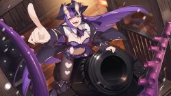 1girl absurdres ascot asymmetrical_footwear black_ascot breasts cannon captain_hannah clothing_cutout cluseller fangs hat heart_cutout highres horn_ornament horn_ring horns indie_virtual_youtuber large_breasts long_hair looking_at_viewer oni_horns open_mouth pirate pirate_hat purple_eyes rapping red_eyes second-party_source smile solo tentacles tricorne uneven_footwear virtual_youtuber