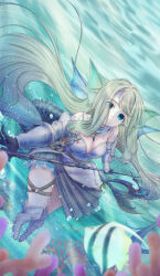 Rule 34 | 1girl, absurdres, blonde hair, blue eyes, blue gloves, blue hair, breasts, calan 13, colored skin, dragon girl, fins, gloves, gradient hair, head fins, highres, holding, indie virtual youtuber, long hair, looking at viewer, monster girl, multicolored hair, multicolored skin, non-web source, solo, tail, virtual youtuber, weapon, zeta (vtuber), zeta (vtuber) (sea dragon knight)
