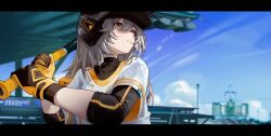 1girl absurdres alternate_costume baseball baseball_bat baseball_helmet baseball_jersey baseball_stadium baseball_uniform black_gloves black_helmet black_undershirt blue_sky blurry blurry_background commentary_request fr-ee-dom from_side gloves grey_hair helmet highres holding holding_baseball_bat honkai:_star_rail honkai_(series) jersey letterboxed long_hair metal_baseball_bat outdoors parted_lips playing_sports sky solo sportswear stelle_(honkai:_star_rail) trailblazer_(honkai:_star_rail) two-tone_gloves upper_body yellow_eyes yellow_gloves