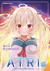 1girl ahoge atri atri-my_dear_moments- black_ribbon blue_sailor_collar blush closed_mouth commentary_request copyright_name dress hair_ribbon hands_on_own_face hands_up highres jako_(jakoo21) light_brown_hair long_hair long_sleeves looking_at_viewer outline red_eyes ribbon sailor_collar sailor_dress smile solo very_long_hair white_dress white_outline wide_sleeves