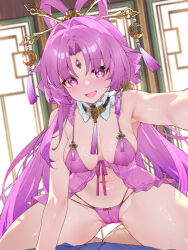 1girl 1other alternate_breast_size babydoll breasts cameltoe commentary english_commentary fang forehead_jewel fu_xuan_(honkai:_star_rail) girl_on_top highres honkai:_star_rail honkai_(series) indoors large_breasts long_hair looking_at_viewer mixed-language_commentary navel paid_reward_available panties pink_babydoll pink_eyes pink_hair pink_panties skin_fang stomach underwear very_long_hair waterring