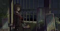 1girl black_sailor_collar black_serafuku black_shirt black_skirt brown_eyes brown_hair city_lights closed_mouth commentary_request highres holding holding_paintbrush indoors lanreta long_sleeves neckerchief original paintbrush painting_(object) plant potted_plant red_neckerchief sailor_collar school_uniform serafuku shirt short_hair skirt solo standing table window