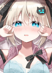 Rule 34 | 1girl, absurdres, bare shoulders, bed sheet, black bow, blonde hair, blue bra, blush, bow, bra, breasts, cat hair ornament, collared shirt, commentary request, hair between eyes, hair bow, hair ornament, hands up, highres, indie virtual youtuber, long sleeves, looking at viewer, lying, medium breasts, on back, open clothes, open shirt, parted lips, pink shirt, shirt, solo, sweat, tears, uchuuneko, uchuuneko (vtuber), underwear, upper body, virtual youtuber, watermark