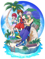 1girl 2boys absurdres blue_eyes blue_pants brown_hair cocoro_oq commentary_request crossed_arms grey_hair grin highres kairi_(kingdom_hearts) kingdom_hearts kingdom_hearts_i long_hair looking_at_viewer multiple_boys pants pink_skirt pointy_hair red_hair riku_(kingdom_hearts) shoes short_hair sitting skirt sleeveless smile sora_(kingdom_hearts)