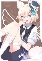 1boy androgynous animal_ears blonde_hair blue_eyes blush fox_boy fox_ears fox_tail hat highres looking_at_viewer male_focus mini_hat open_mouth original satoh_vrc short_hair shorts smile solo tail top_hat vest vrchat