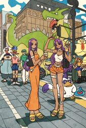 3girls 5boys alena_(dq4) alternate_costume alternate_hairstyle alternate_universe anklet arm_up armlet bag balzack_(dragon_quest) blue_hair blue_shorts blue_skirt blue_sky bowl_cut bracelet breasts brey brown_eyes building camisole casual cleavage clift closed_mouth cloud contemporary creature_on_head crop_top cup disposable_cup dot_mouth dragon dragon_quest dragon_quest_iv dress drink drinking_straw earrings facial_hair forehead green_hair green_shirt hand_on_own_hip hand_up hands_on_own_hips hands_up hat healslime hero_(dq4) highres hoimin holding holding_cup holding_drink jewelry layered_sleeves long_dress long_hair long_sleeves manya_(dq4) medium_hair minea_(dq4) monster multiple_boys multiple_bracelets multiple_girls mustache navel neck_ring no_headwear old old_man open_fly orange_dress orange_shorts outdoors panties pants panty_peek pink_hat pink_shirt pinstripe_pattern pinstripe_shirt platypunk polo_shirt purple_hair rockbomb ryan_(dq4) sandals shirt short_hair short_over_long_sleeves short_shorts short_sleeves shorts shoulder_bag siblings sisters skirt sky sleeveless sleeveless_shirt slime_(dragon_quest) smile sphere_earrings strapless strapless_dress sun_hat takeuchi_ryousuke thighlet tongue tongue_out torneko underwear v_arms w white_camisole white_panties white_pants white_sleeves yellow_shirt
