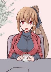 1girl :d absurdres alternate_breast_size alternate_costume alternate_hairstyle black_bow black_sweater bow breasts brown_hair casual female_focus hair_bow hair_ornament hairclip highres kantai_collection komb large_breasts long_hair looking_at_viewer open_mouth ponytail red_eyes red_shirt shirt sitting smile solo star_(symbol) star_hair_ornament sweater tashkent_(kancolle) upper_body