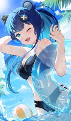 1girl absurdres animal_ears aqua_nails arm_behind_head ball beachball bear_ears bear_girl bikini black_bikini blue_eyes blue_hair breasts cleavage cloud colored_inner_hair commission fortissimo fujikura_uruka hair_ornament headphones highres kwnri long_hair medium_breasts multicolored_hair musical_note musical_note_hair_ornament one_eye_closed open_mouth palm_leaf partially_submerged phase_connect skeb_commission sky solo swim_ring swimsuit teeth two-tone_hair upper_teeth_only virtual_youtuber wading wet wet_bikini