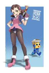 Rule 34 | 1girl, black pantyhose, blue background, blue jacket, border, brown hair, cropped jacket, crotch plate, curry, curry rice, dress, food, full body, green eyes, gun, highres, holding, holding gun, holding weapon, jacket, kkzk61539201, marvel vs. capcom, marvel vs. capcom 2, medium hair, mega man (series), mega man legends (series), open clothes, open jacket, pantyhose, pink dress, rice, servbot (mega man), simple background, solo focus, tron bonne (mega man), weapon, white border