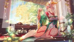 1girl absurdres animal_ears antlers breasts commentary_request commission deer_antlers deer_ears dragon dress furry furry_female gold_necklace green_eyes highres hooves horns indoors jewelry kawarage_yatano lens_flare long_hair looking_at_viewer medium_breasts necklace original pink_fur qilin_(mythology) sitting skeb_commission smile solo teapot white_hair window