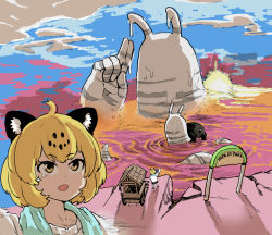 1girl ahoge animal_ears bad_id bad_pixiv_id giant jaguar_(kemono_friends) jaguar_ears leopard_print jaguar_tail kemono_friends looking_at_another ocean open_mouth ripples salute savanna_striped_giant_slug_(kemono_friends) shirt short_hair single_tear slug sun sunset survival_yaiba t-shirt tagme tail towel towel_around_neck water waving