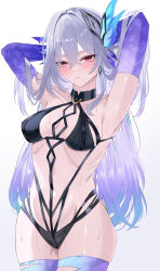 1girl absurdres armpits arms_behind_head arms_up bikini black_bikini black_collar black_ribbon blue_thighhighs blush breasts butterfly_hair_ornament collar commentary_request cowboy_shot genshin_impact gradient_hair gradient_legwear gradient_sleeves gradient_thighhighs grey_hair hair_ornament hands_in_hair highres looking_at_viewer medium_breasts miya-chan_(lightning0730) multi-strapped_bikini_bottom multi-strapped_bikini_top multicolored_hair paid_reward_available presenting_armpit purple_hair purple_thighhighs red_eyes ribbon ribbon_trim ribs simple_background skirk_(genshin_impact) solo standing swimsuit thighhighs torn_clothes torn_thighhighs wet white_background