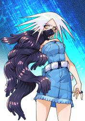 1girl belt blue_background blue_dress body_horror border commission cowboy_shot demon_girl denim denim_dress dress gradient_background highres jewelry long_hair pixiv_commission ring saika_(pixiv43370196) shin_megami_tensei shin_megami_tensei_iii:_nocturne signature solo tachibana_chiaki_(megami_tensei) white_background white_hair yellow_eyes