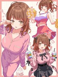1girl absurdres belt black_skirt blush bow breasts brown_eyes brown_hair cheerleader crop_top gakuen_idolmaster hair_bow hanami_ume highres hiyoko_neneko holding idolmaster jacket jirai_kei large_breasts long_sleeves looking_at_viewer midriff navel open_clothes open_jacket open_mouth pajamas pants pink_jacket pink_pajamas pink_pants pink_shirt pom_pom_(cheerleading) ribbon shirt skirt sleeveless smile solo