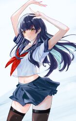 1girl absurdres arms_up black_hair black_thighhighs blue_sailor_collar blue_skirt blush commentary_request cropped_shirt fingernails highres idolmaster idolmaster_shiny_colors long_hair looking_at_viewer mayuzumi_fuyuko midriff miniskirt navel neckerchief red_neckerchief sailor_collar school_uniform serafuku shirt short_sleeves simple_background skirt smile solo thighhighs very_long_hair w white_background white_shirt yamanade38 zettai_ryouiki