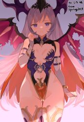 1girl blush brave_sword_x_blaze_soul breasts cape character_request closed_mouth clothing_cutout commission demon_sword_gram_(alter)_(brave_sword_x_blaze_soul) detached_sleeves gluteal_fold gradient_background grey_background grey_hair head_wings highleg highleg_leotard highres leotard long_hair looking_at_viewer medium_breasts navel navel_cutout orange_cape pink_background purple_eyes second-party_source skeb_commission solo spring2013 standing sweatdrop thighhighs thighs wings