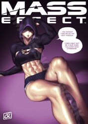 1girl abs breasts cleavage cropped_hoodie english_text grey_eyes highres hood hoodie kasumi_goto mass_effect_(series) mass_effect_1 medium_breasts muscular muscular_female phoebus_art shorts signature sitting solo speech_bubble sweat tank_top