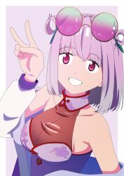 1girl absurdres banana88 bow breasts china_dress chinese_clothes detached_sleeves double_bun dress glasses gridman_universe gridman_universe_(film) hair_bun hair_ornament highres looking_at_viewer open_mouth red_eyes shinjou_akane short_hair sleeveless sleeveless_dress smile solo ssss.gridman sunglasses teeth zooming_in