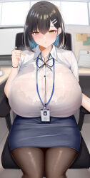 Rule 34 | 1girl, black bra, black hair, black ribbon, blue skirt, blurry, blurry background, bra, bra visible through clothes, bracelet, breasts, button gap, chair, chomikuplus, collared shirt, colored inner hair, dawn (chomikuplus), gigantic breasts, highres, huge breasts, jewelry, lanyard, mole, mole under eye, multicolored hair, neck ribbon, office chair, office lady, on chair, original, pantyhose, pencil skirt, popped button, ribbon, see-through clothes, shirt, skirt, solo, sweat, swivel chair, underwear, white shirt, yellow eyes