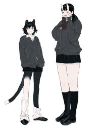 2girls animal_ears black_fur black_hair black_legwear black_skirt cat_ears cat_girl cat_tail dungeon_meshi frs2 grey_sweater hands_in_pockets hands_on_own_face highres horns inutade izutsumi looking_to_the_side multiple_girls oni oni_horns ponytail skirt smile sweater tail white_legwear yellow_eyes