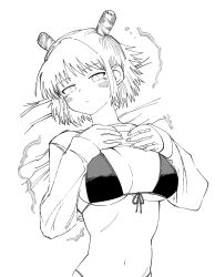 absurdres bikini black_bikini blush breasts double_bun electricity genderswap genderswap_(mtf) greyscale hair_bun highres jujutsu_kaisen kashimo_hajime kimdiki large_breasts monochrome navel short_hair simple_background string_bikini swimsuit white_background