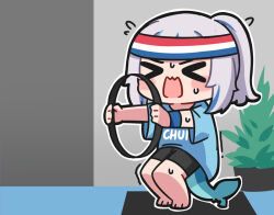&gt;_&lt; 1girl barefoot bike_shorts black_shorts blue_hair blue_shirt blush_stickers chibi closed_eyes fins fish_tail flying_sweatdrops gawr_gura grey_hair headband holding hololive hololive_english indoors multicolored_hair open_mouth outline outstretched_arms ponytail ring-con ring_fit_adventure rutorifuki shark_tail shirt short_sleeves shorts solo squatting streaked_hair sweat tail trembling v-shaped_eyebrows virtual_youtuber wavy_mouth white_outline wide_sleeves