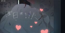 2girls bang_dream! bang_dream!_it&#039;s_mygo!!!!! bra brh chihaya_anon chinese_commentary chinese_text commentary_request happy_birthday heart highres multiple_girls nagasaki_soyo panties pillow translation_request under_covers underwear unworn_bra unworn_panties yuri