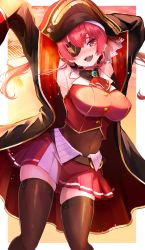 1girl :d armpits arms_up arrow_through_heart ascot aya02ka belt bicorne black_choker black_coat black_hat black_thighhighs blush breasts brooch brown_belt choker coat contrapposto covered_navel cropped_jacket eyepatch feet_out_of_frame frilled_choker frills gold_trim hair_ribbon hat highres hololive houshou_marine jacket jewelry lace lace-trimmed_legwear lace_trim large_breasts leather_belt leotard leotard_under_clothes long_hair long_sleeves looking_at_viewer midriff miniskirt open_mouth pirate pirate_hat pleated_skirt red_ascot red_eyes red_hair red_jacket red_ribbon red_skirt revision ribbon see-through_clothes see-through_leotard shiny_clothes shiny_legwear skindentation skirt sleeveless sleeveless_jacket sleeves_past_fingers sleeves_past_wrists smile solo thighhighs twintails virtual_youtuber zettai_ryouiki