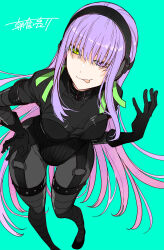 1girl asakura_ryousuke black_bodysuit black_gloves blue_background bodysuit breasts fate/grand_order fate_(series) from_above gimp_suit gloves hair_over_eyes hand_on_own_hip headset heterochromia highres kingprotea_(fate) latex latex_bodysuit long_hair looking_at_viewer mismatched_sclera o-ring_strap pantyhose purple_eyes purple_hair signature simple_background solo tongue tongue_out xochitonal_(fate) yellow_eyes