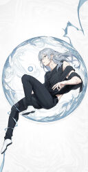 1boy absurdres air_(ai_r_) blue_eyes blue_hair bubble full_body heterochromia highres jujutsu_kaisen long_hair mahito_(jujutsu_kaisen) male_focus pants parted_lips shoes solo stitched_arm stitched_face stitched_neck stitches white_shoes yellow_eyes