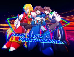 3boys android armor axl_(mega_man) black_armor blue_armor blue_helmet brown_hair chest_jewel clenched_teeth closed_mouth crossed_legs eyes_visible_through_hair fang forehead_jewel full_body gloves green_eyes guutara hair_between_eyes hand_on_another&#039;s_shoulder hand_on_own_knee helmet highres holding holding_helmet jewelry long_hair looking_at_another looking_at_viewer medium_hair mega_man_(series) mega_man_x_(series) multiple_boys no_headwear one_eye_closed open_mouth red_armor red_helmet robot robot_ears romaji_text short_hair signature sitting spiked_hair teeth upper_teeth_only very_long_hair white_gloves x_(mega_man) zero_(mega_man)