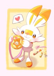 alternate_color blush crayon gen_8_pokemon gokuaku_rabbit heart highres holding nintendo no_humans orange_eyes paper plate pokemon pokemon_(creature) scissors scorbunny shadow shiny_pokemon smile standing tail twitter_username